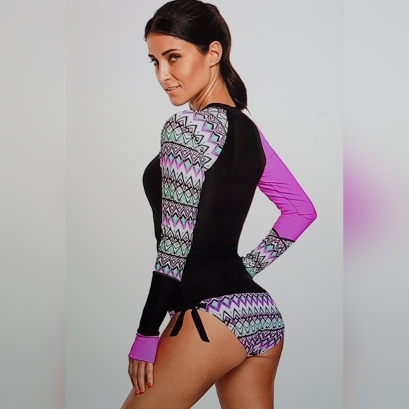 NWOT Pull Over Rash Guard Thumb Holes Side Tie Bikini Bottom swim suit Set - Picture 4 of 16